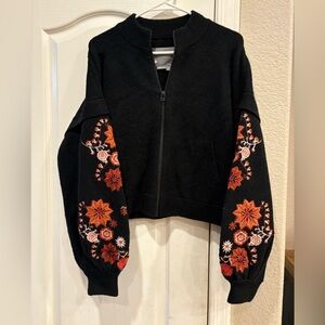 Anthropologie Isla Baltic Black Jacket with Embroidered Sleeves